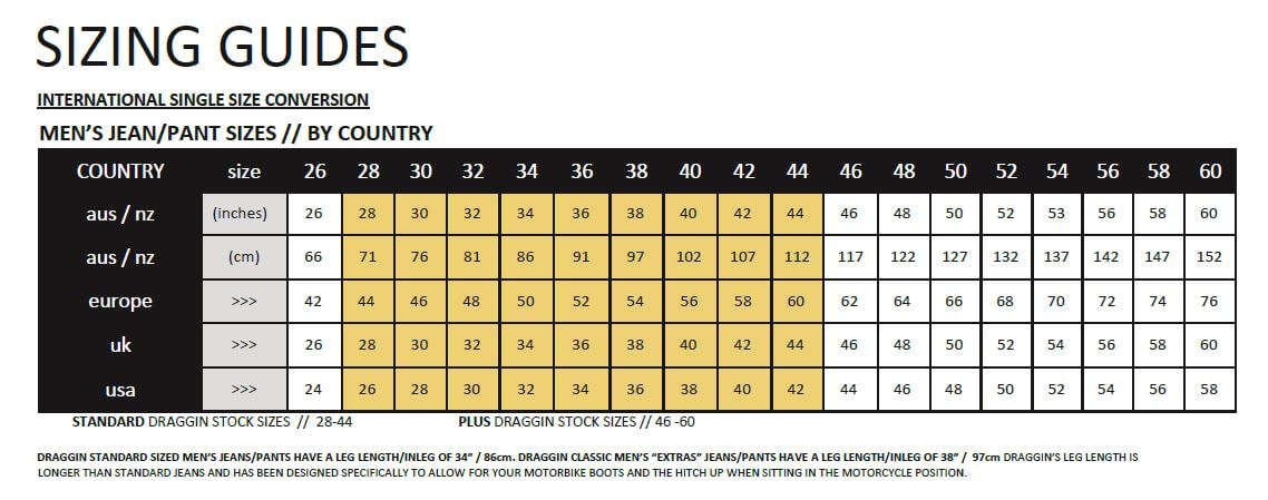 Draggin jeans size hotsell chart